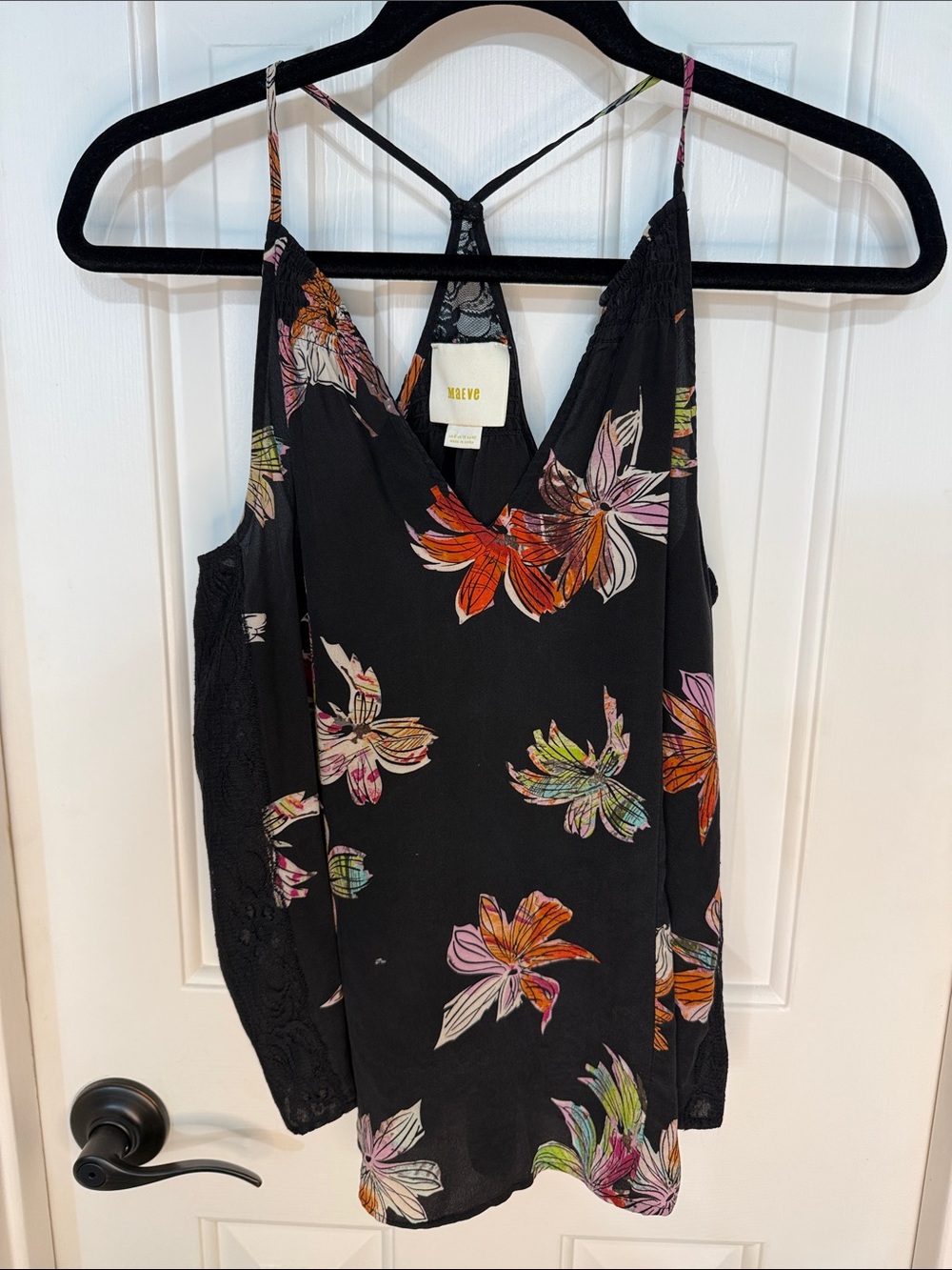 Maeve Black Floral Lace-Trim V-Neck Cami with Multicolor Blooms